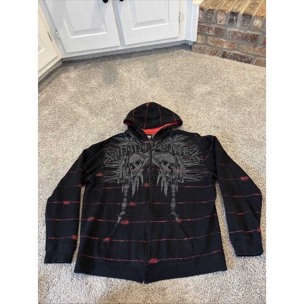 MMA Elite Black  Men's Full Zip Up Hoodie Sweatshirt  Barbed Wire Skull Y2K 2XL
